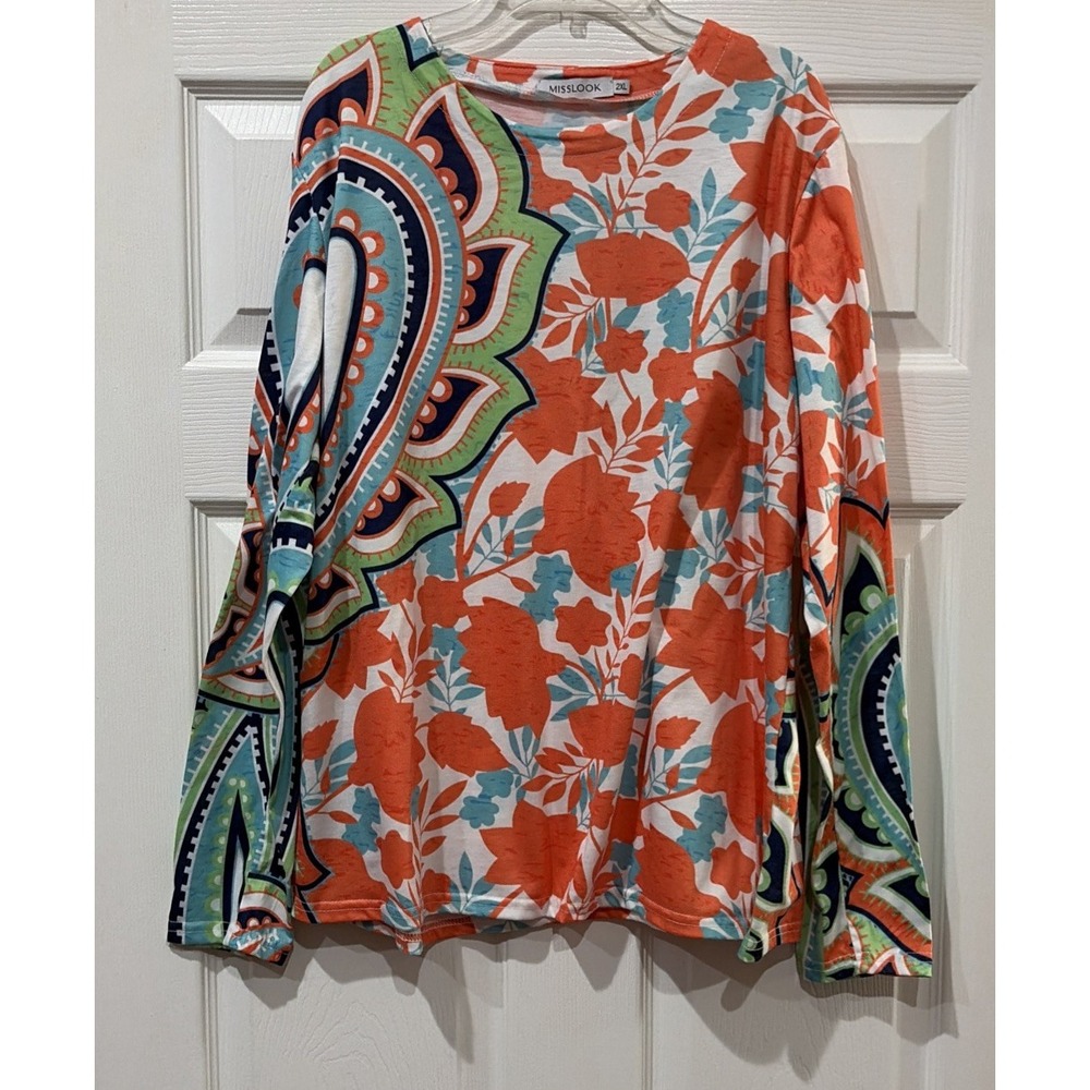 Misslook Top Womens 2XL Orange Teal Floral Long Sleeve Crew Neck Pullover Blouse